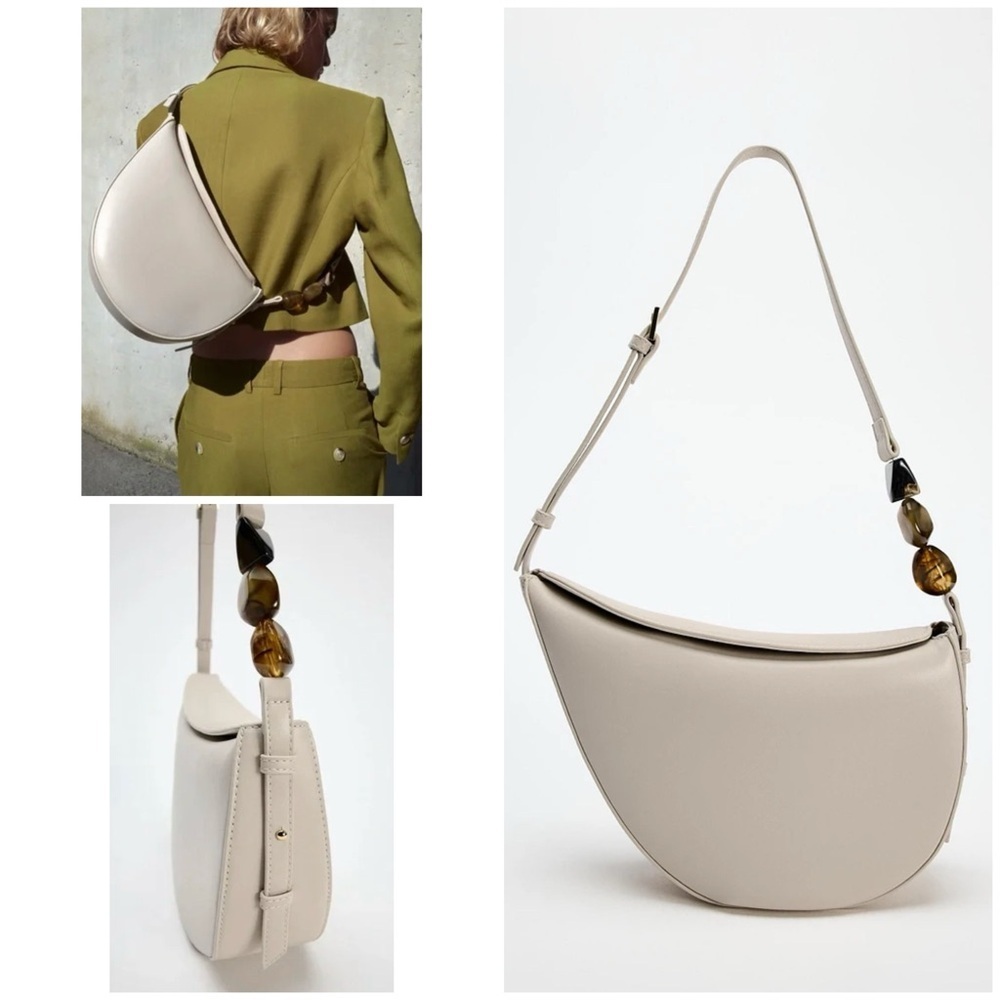 NWT ZARA Ecru Crescent Asymmetrical Large Jewel Stones Handbag Crossbody Purse - Picture 1 of 14